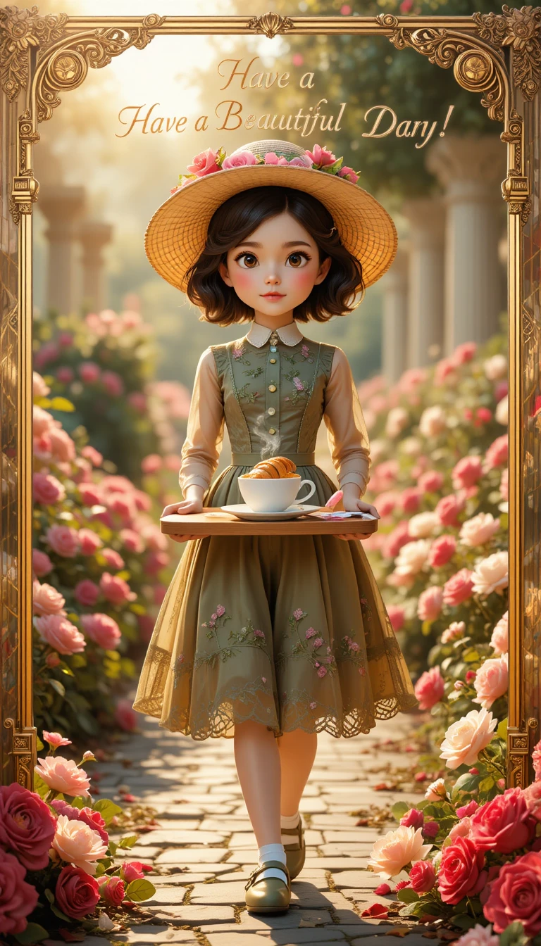 Little girl with coffee tray in a romantic rose garden