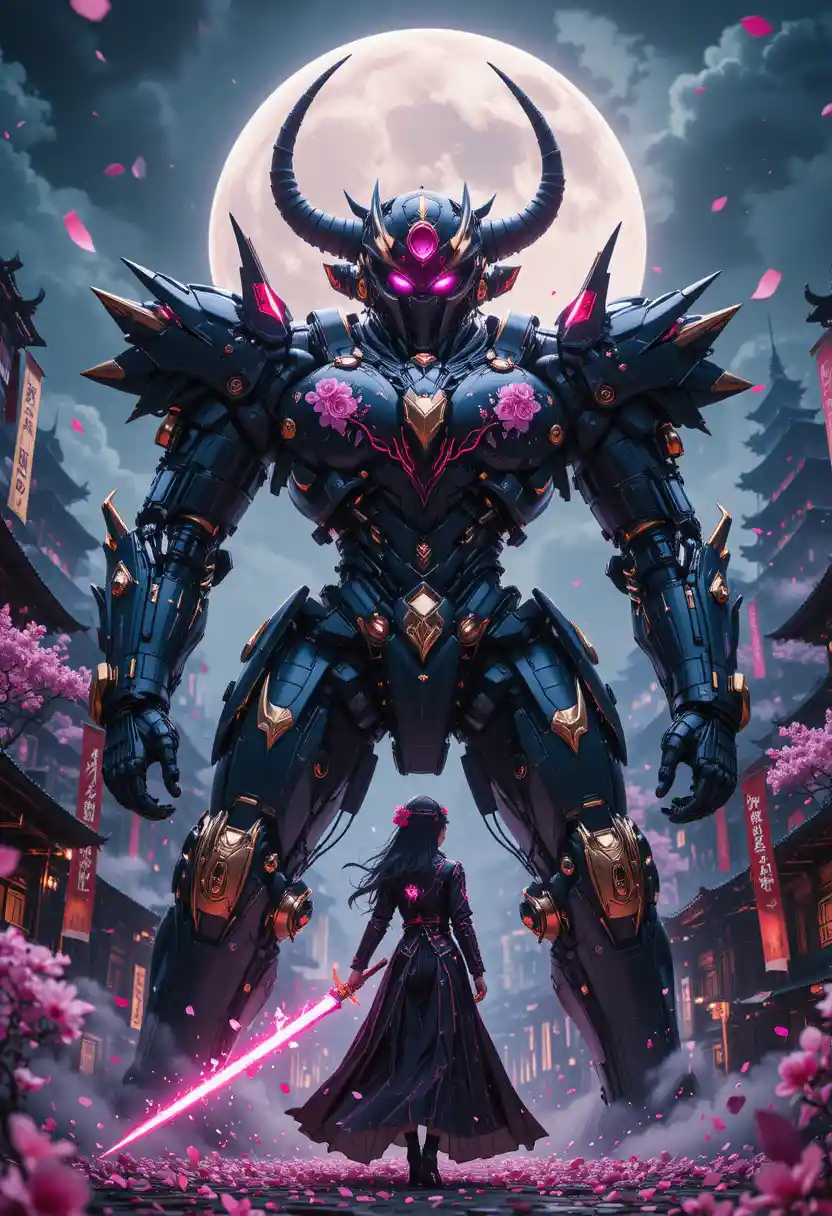 Samurai mecha guardian and pilot in neon dusk city