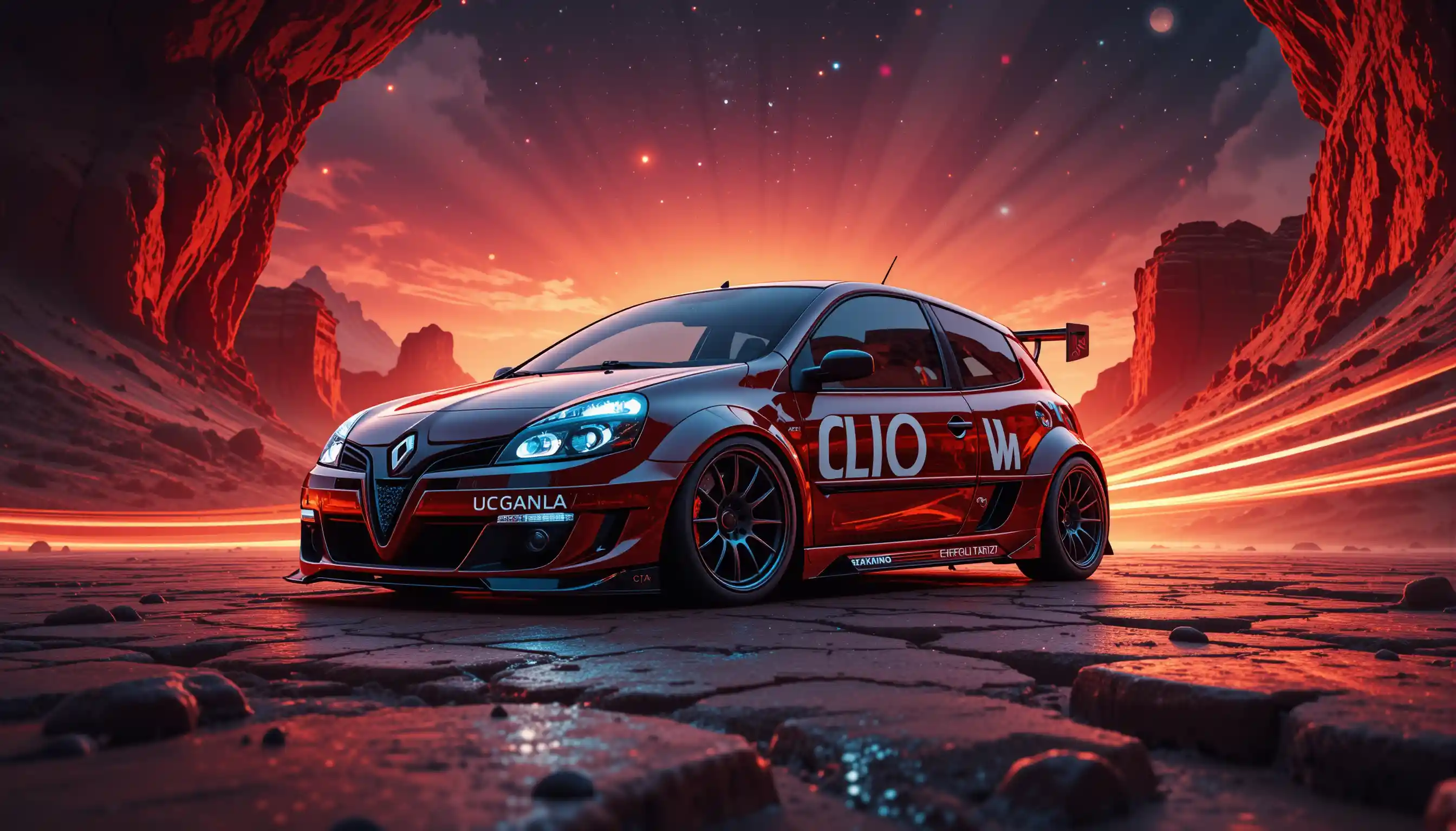 Auto sportiva widebody ad alte prestazioni con grande scritta sulla portiera alle scogliere al tramonto