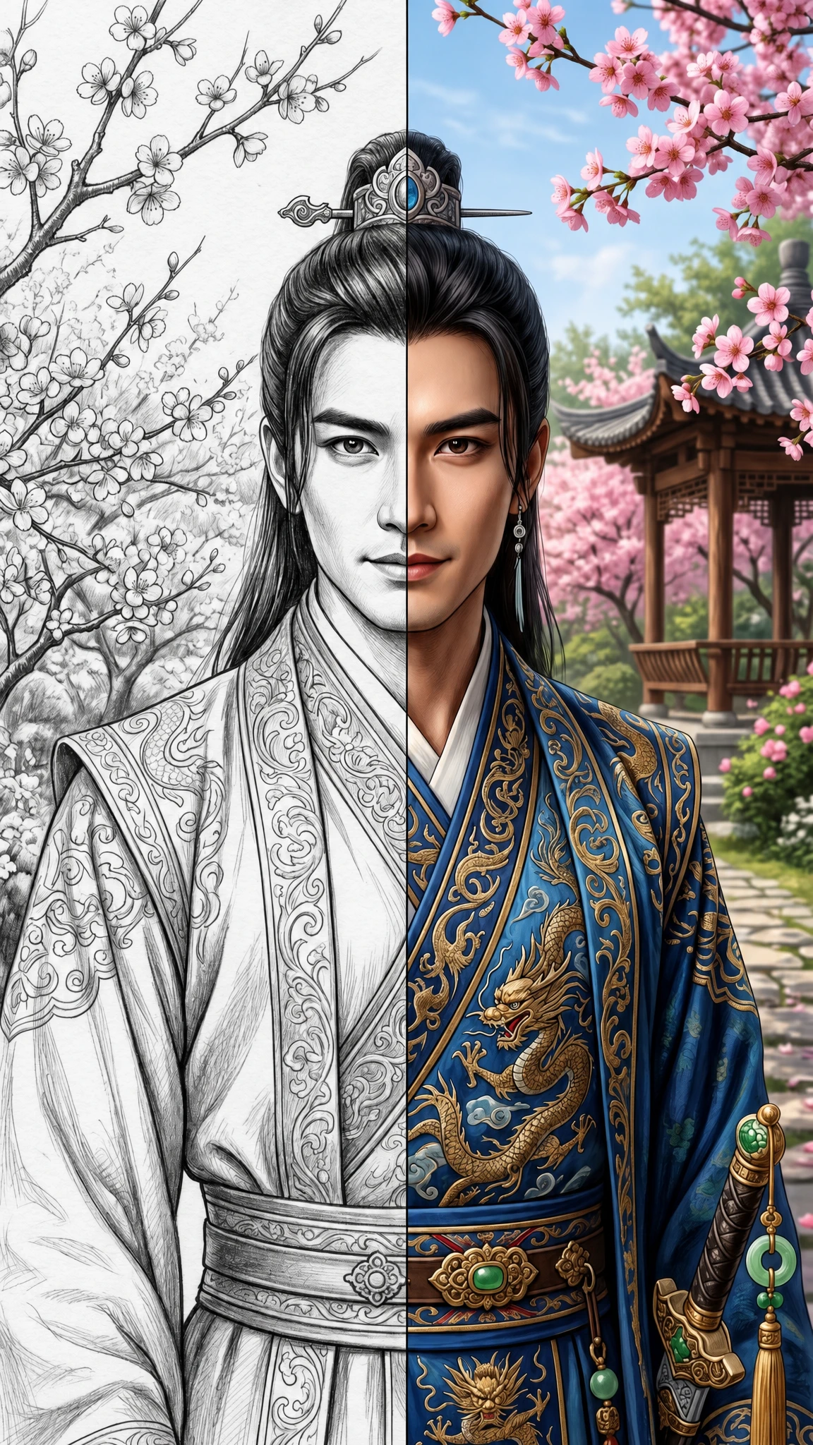 Close up portrait of a man in a blooming garden split in style