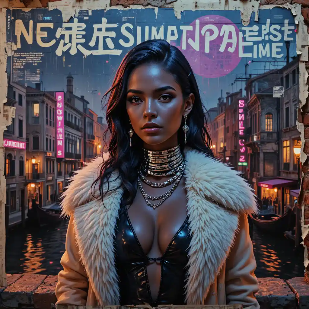 Cyberpunk fashion portrait on a brick wall in Venice