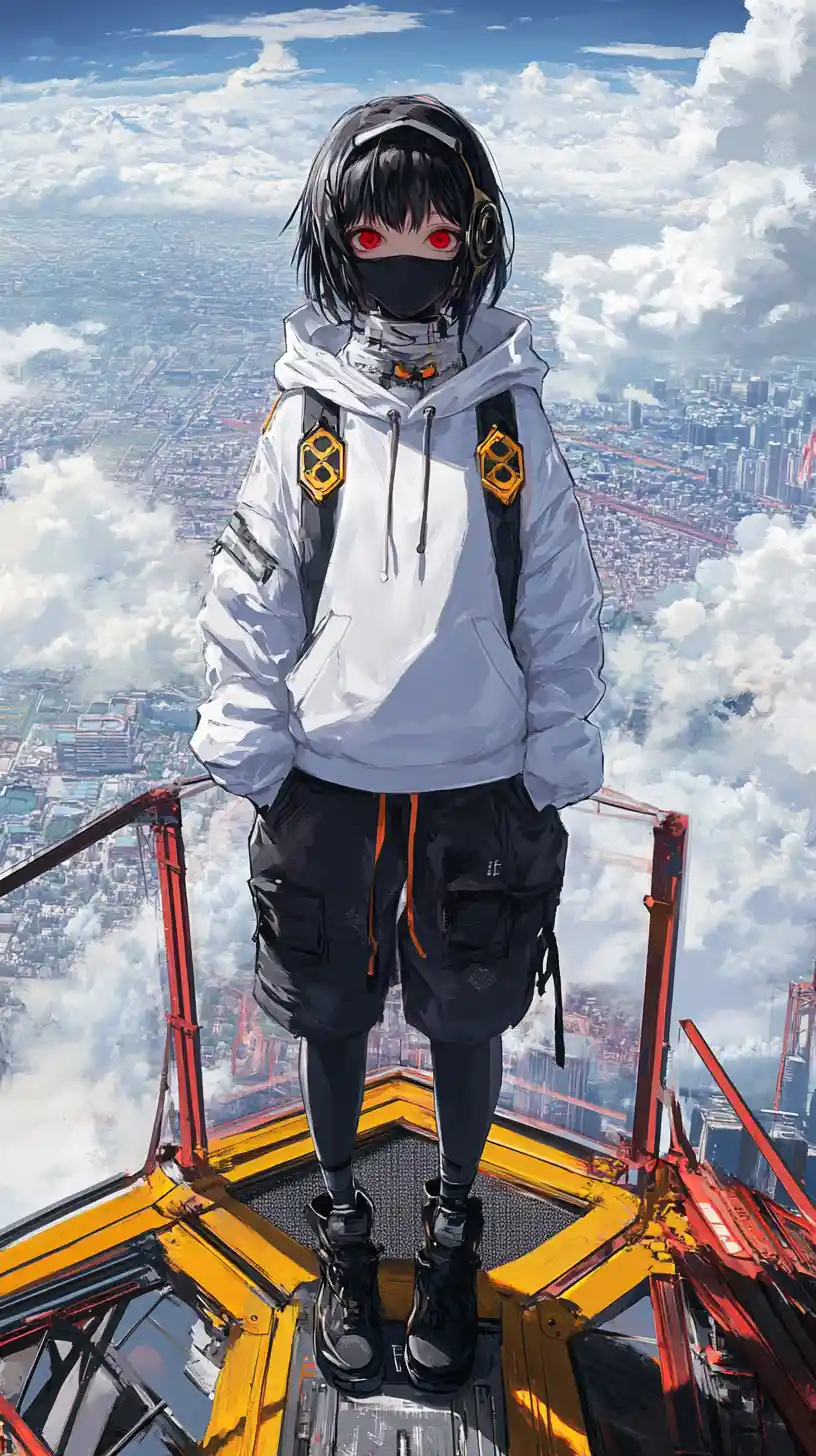 Anime girl with futuristic sword on city rooftop