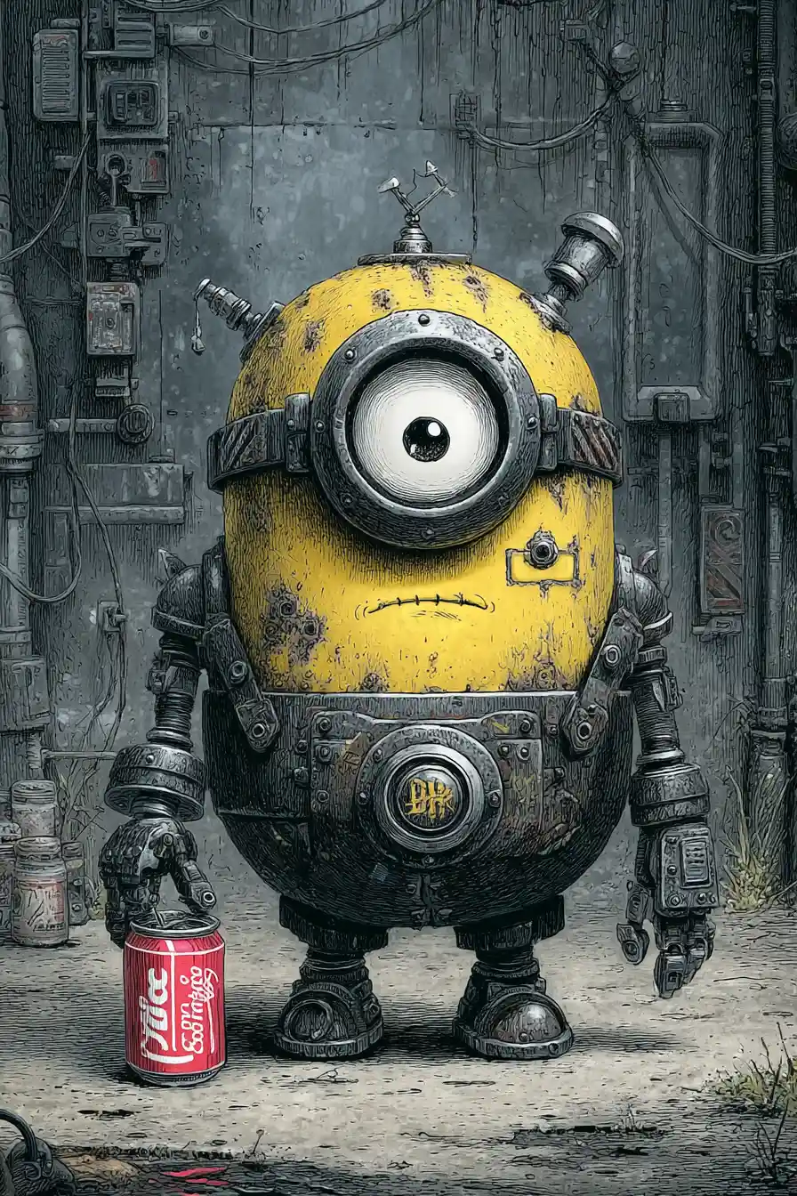 Clumsy cartoon robot fighting to open a tiny soda can