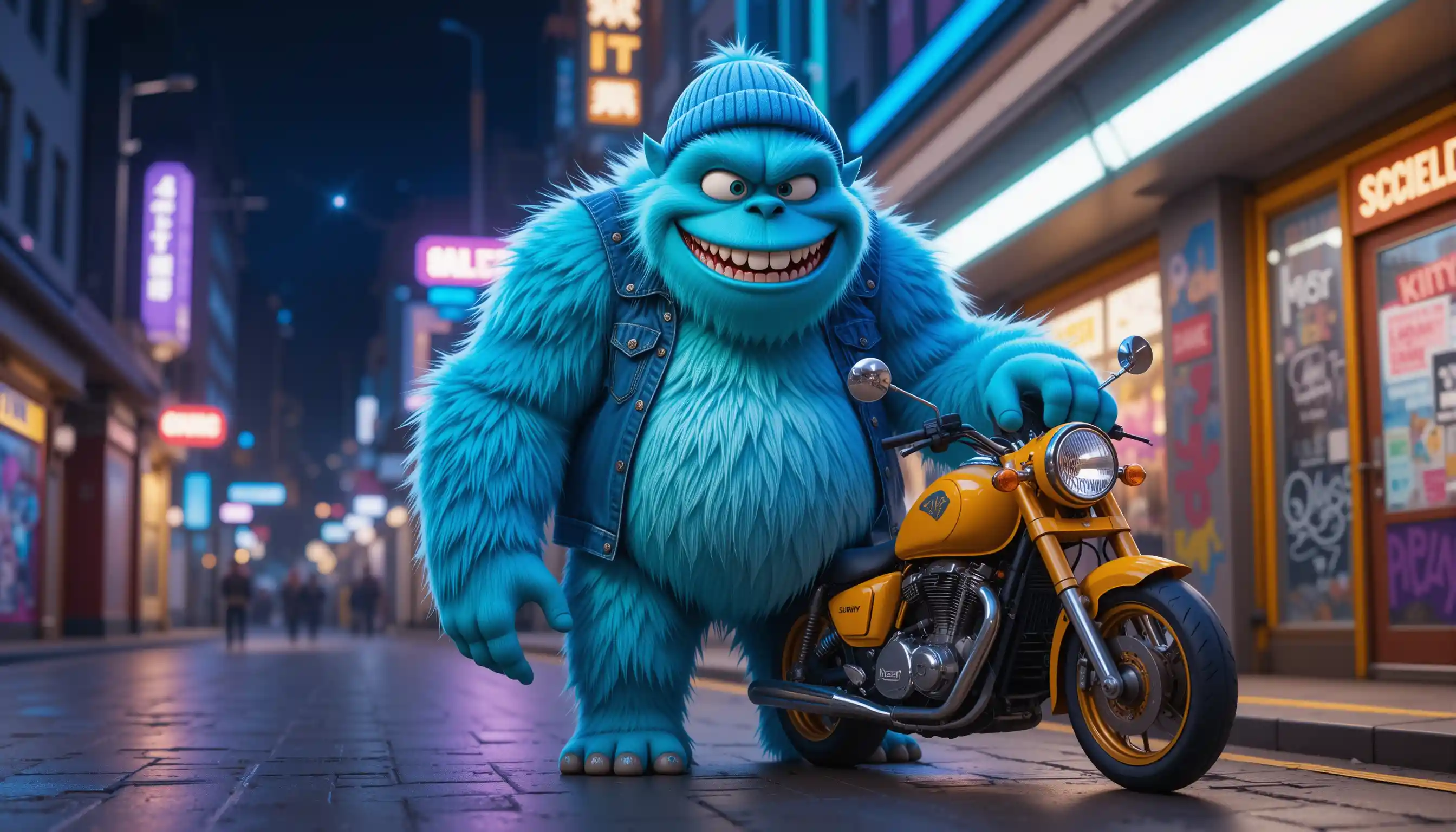 Playful blue cartoon monster by yellow motorcycle at night