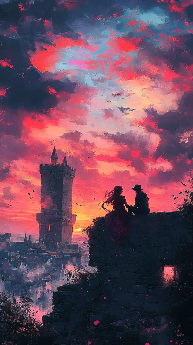 Anime couple on castle wall at pink sunset sky