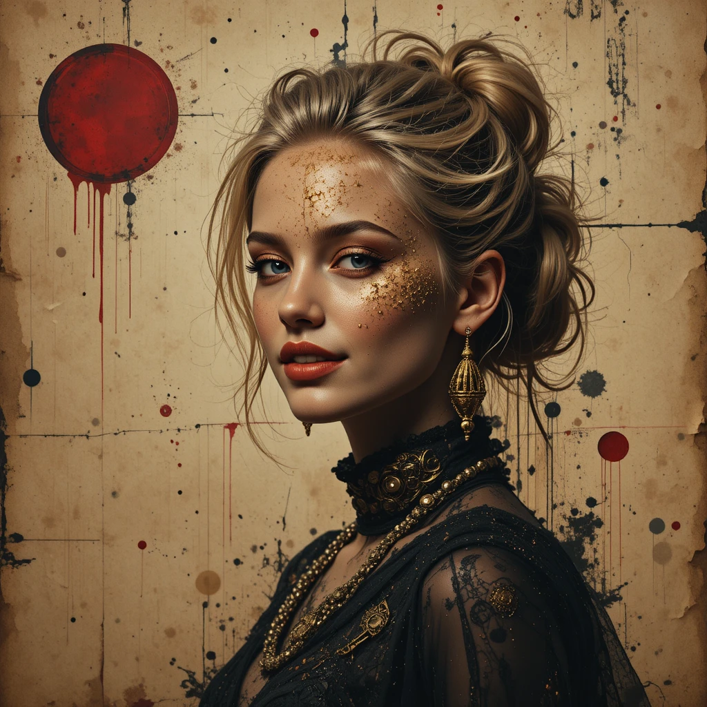 Cinematic portrait of a joyful blonde woman in mixed media