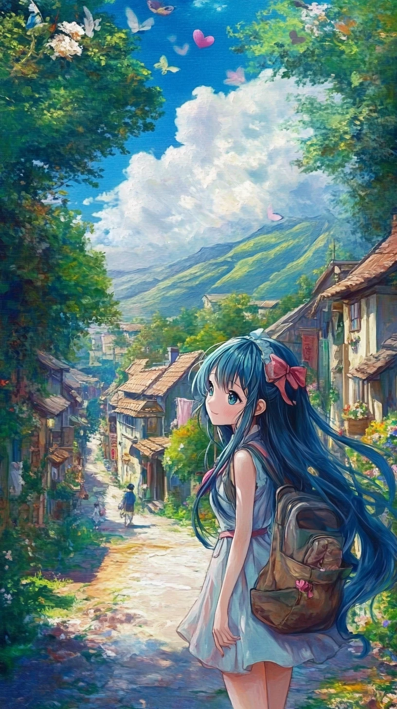Anime girl in a small village on Valentines morning