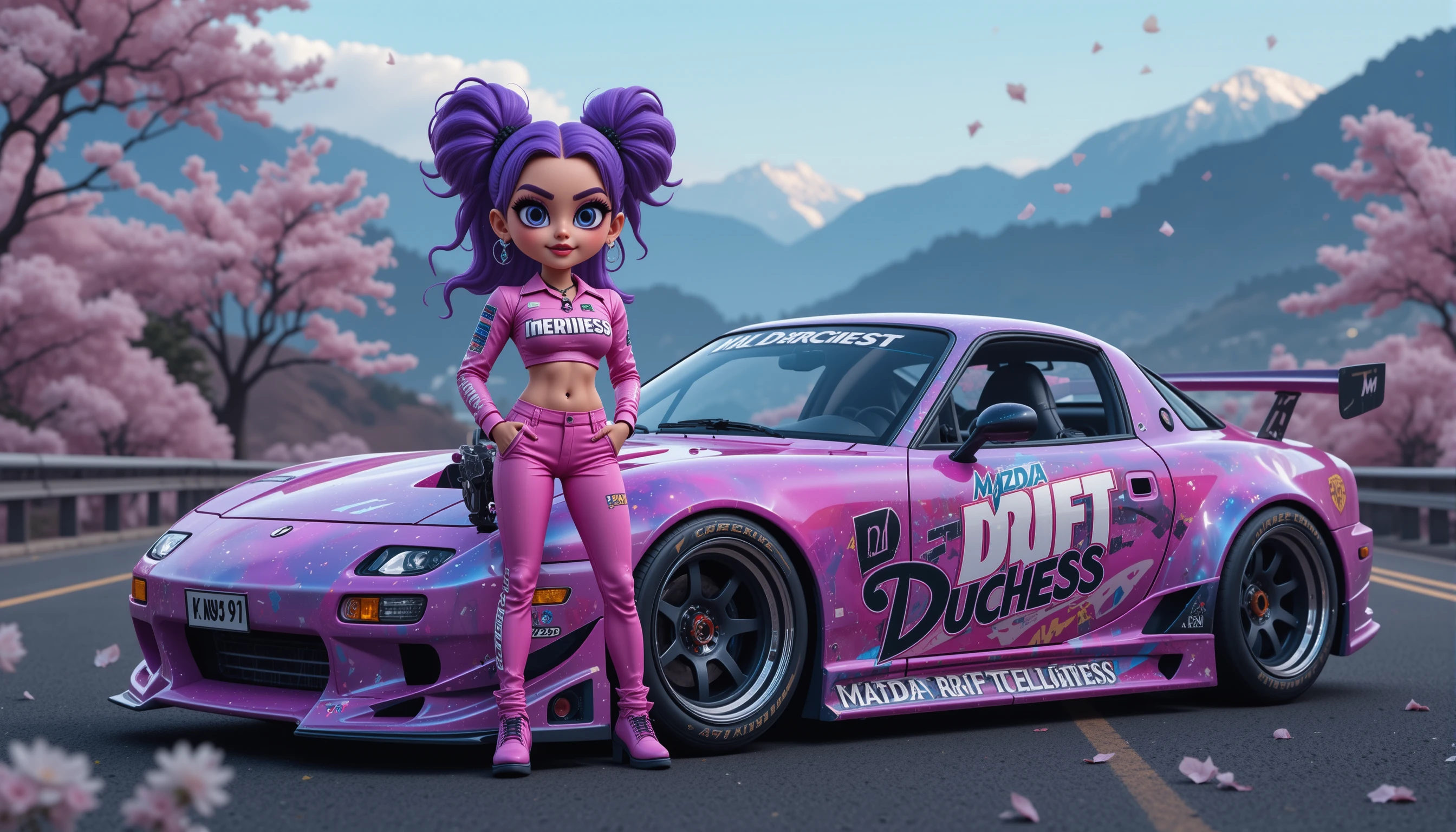 Stylized woman with sports car on night mountain pass