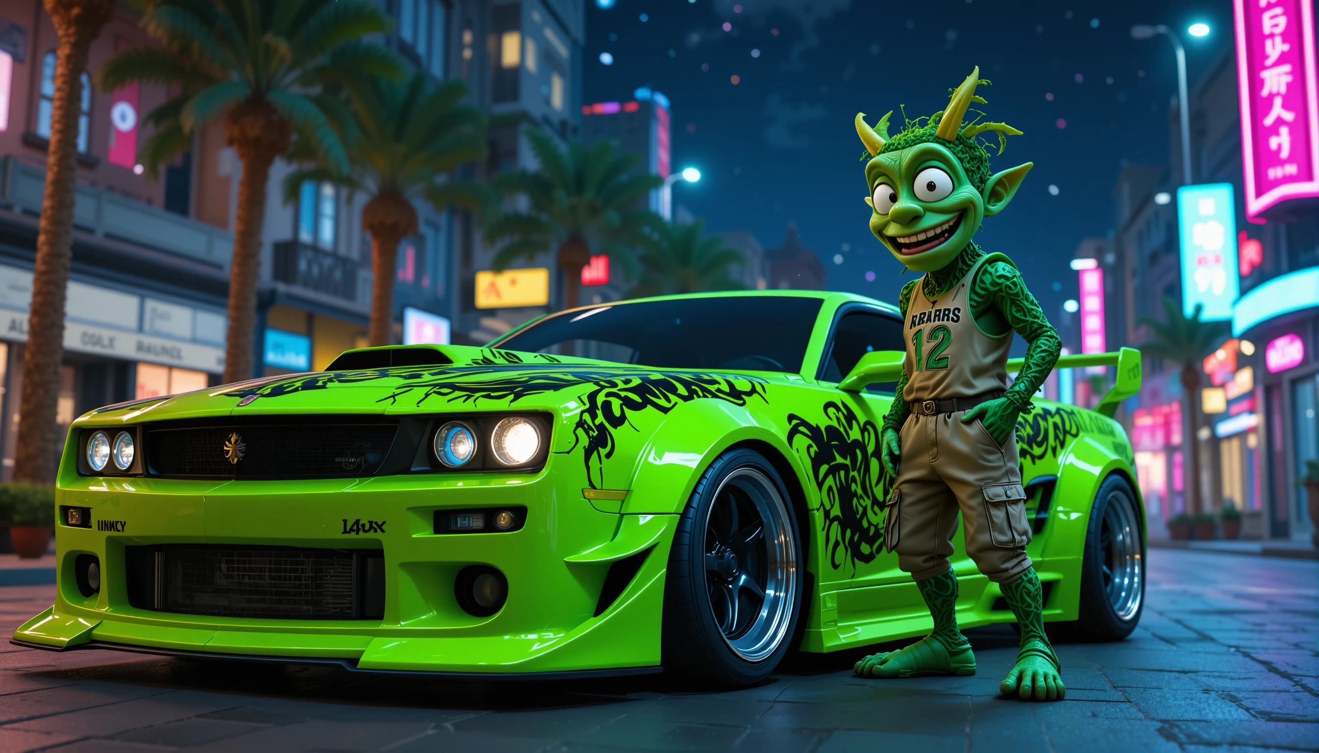 Cartoon vine monster beside neon green custom car at night