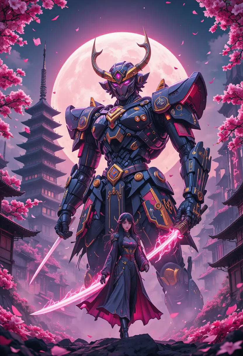 Guardiano mecha samurai e pilota sotto una luna al neon