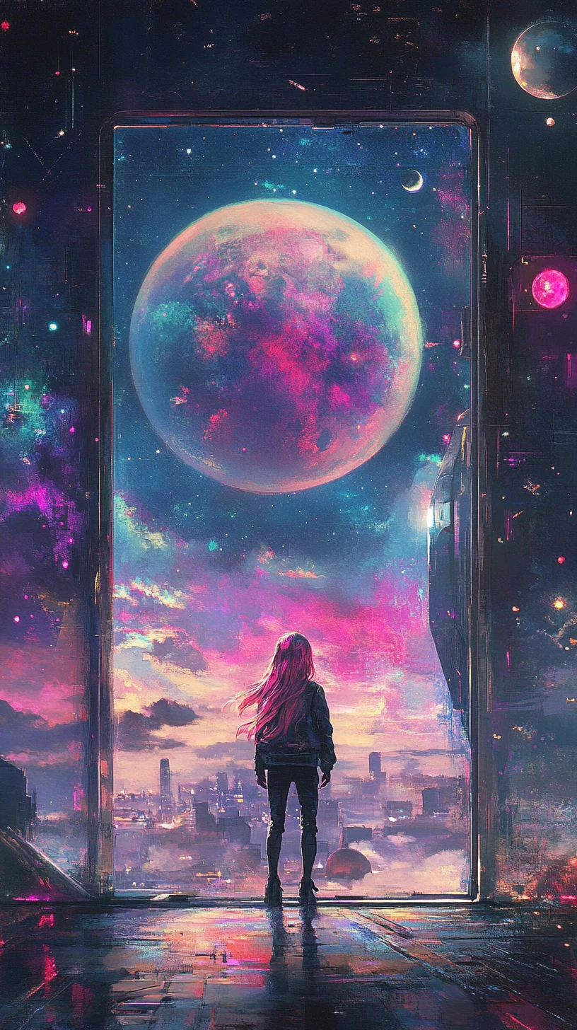 Anime couple holding hands by a space station window