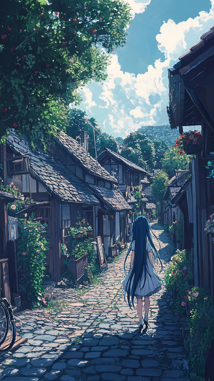Anime girl in a romantic village on Valentines morning