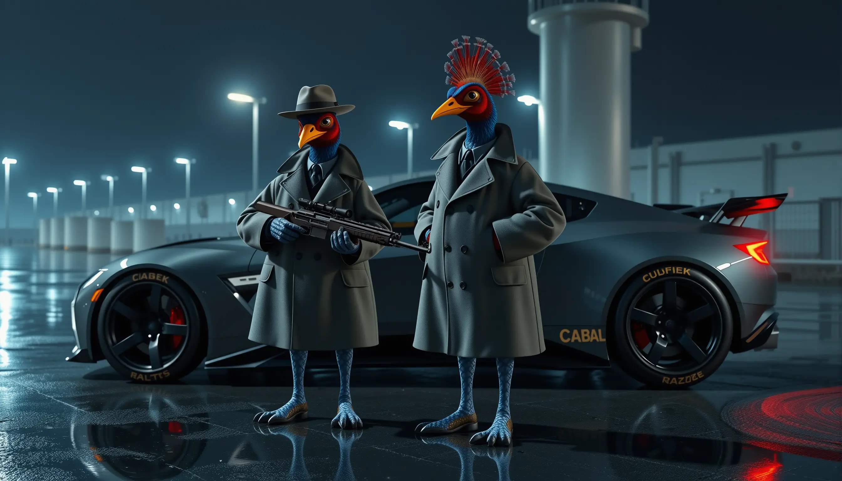 Anthropomorphic Peacock Enforcers Beside Prototype Spy Car
