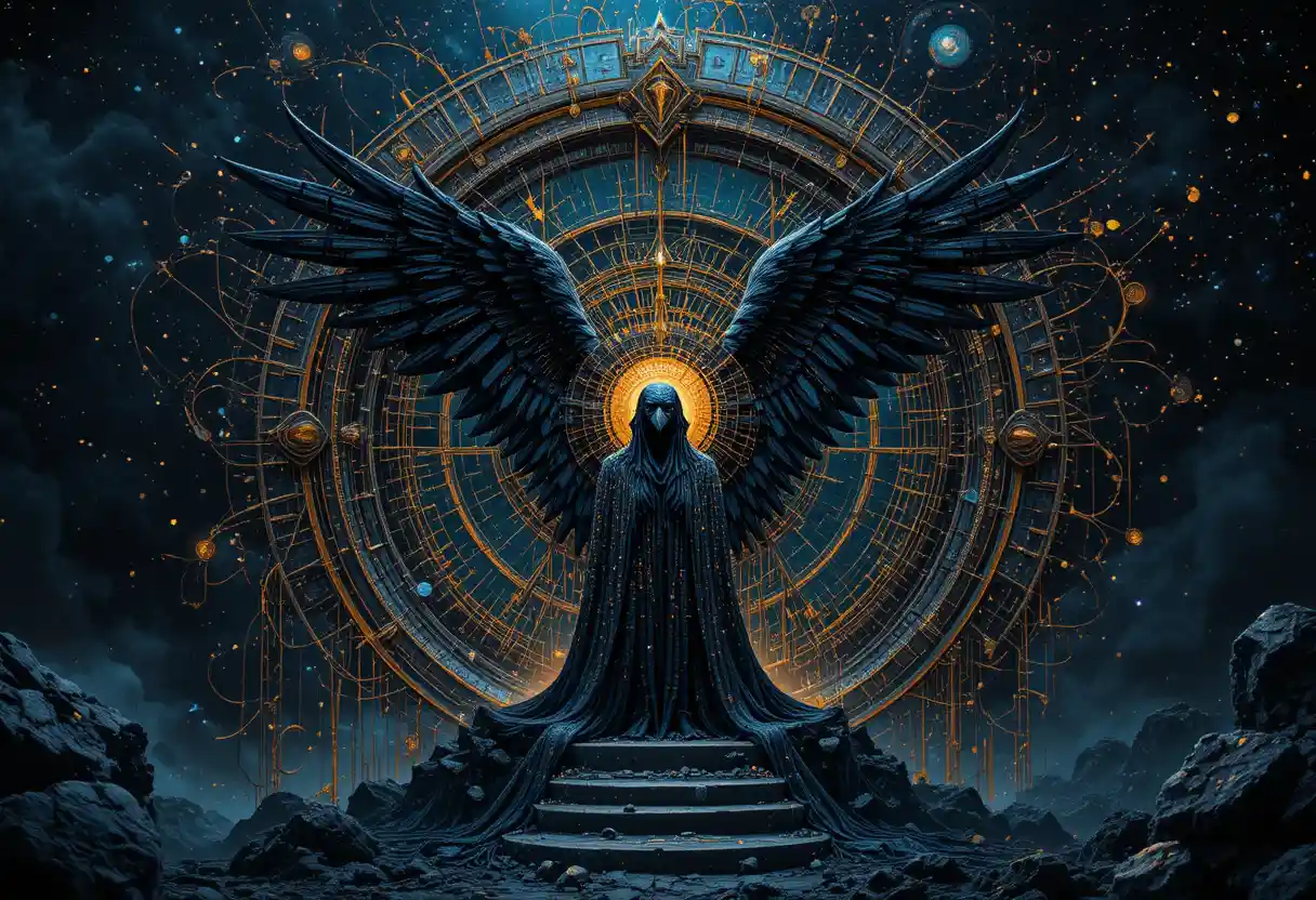 Raven with golden spiral gate in dark cosmic space