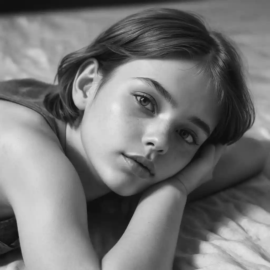 Young girl lying on her back in graphite chiaroscuro