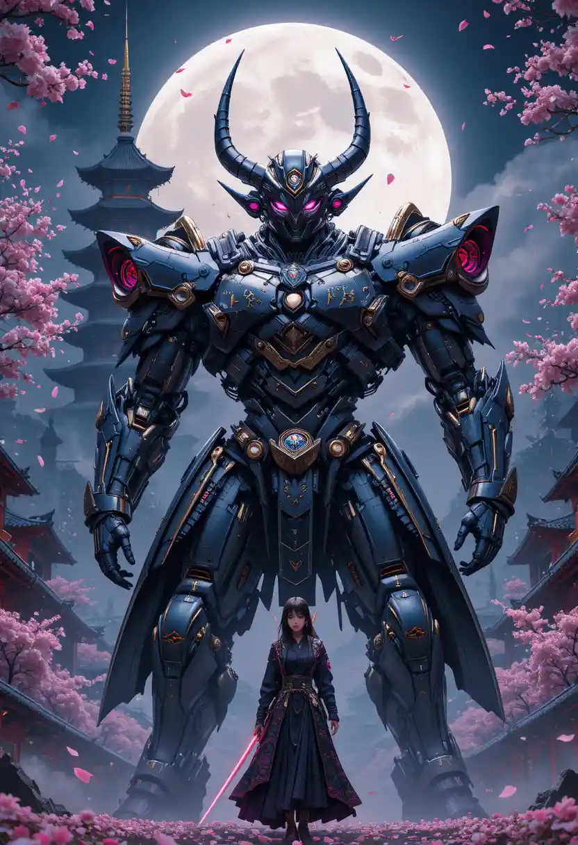 Samurai mecha guardian and warrior woman under full moon