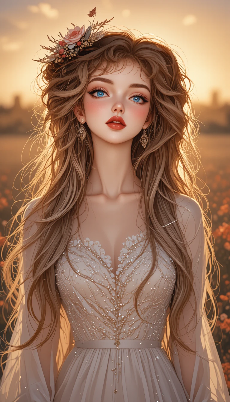Blonde anime girl in a flower field at sunset