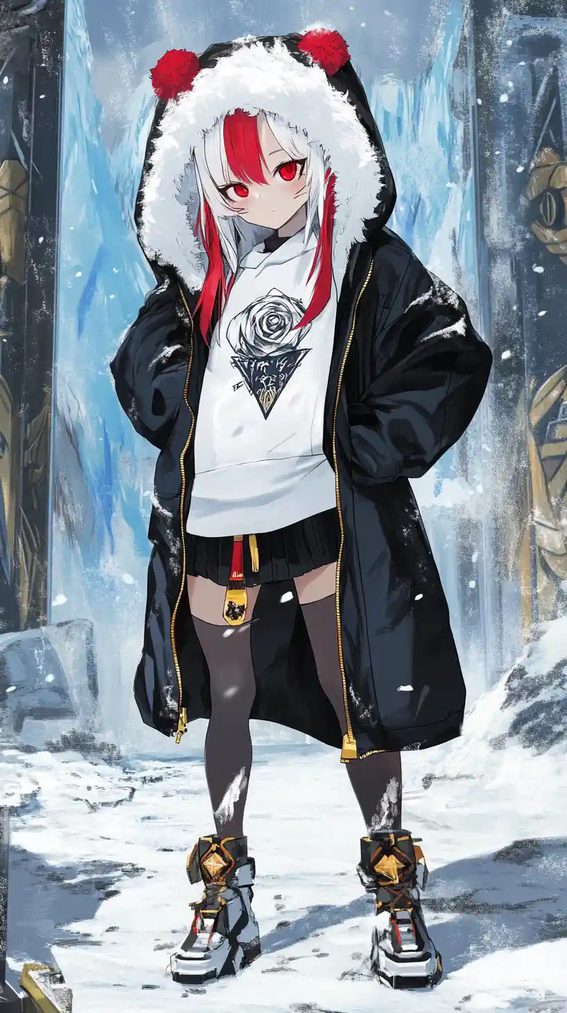 Anime girl standing on a giant hand before ice palace