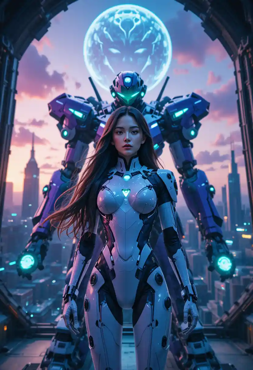 Anime pilot before towering mecha in futuristic launch bay