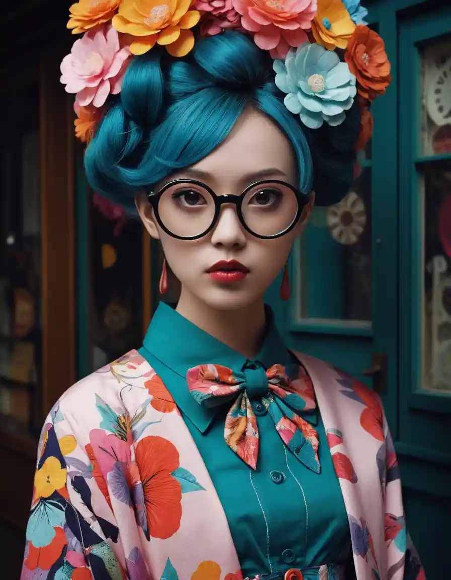 Whimsical girl in vibrant avant garde fashion portrait
