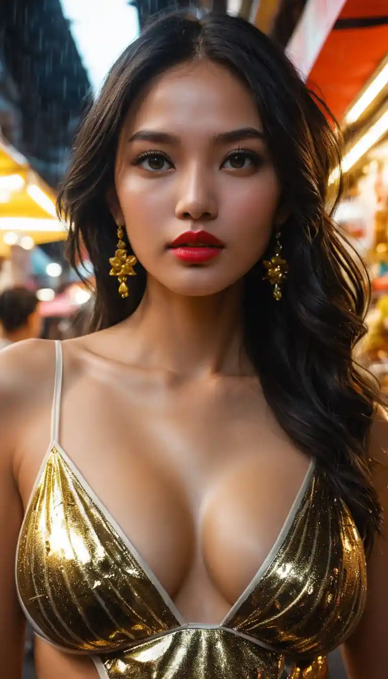 Intense woman in clear jersey at rainy Thai street market