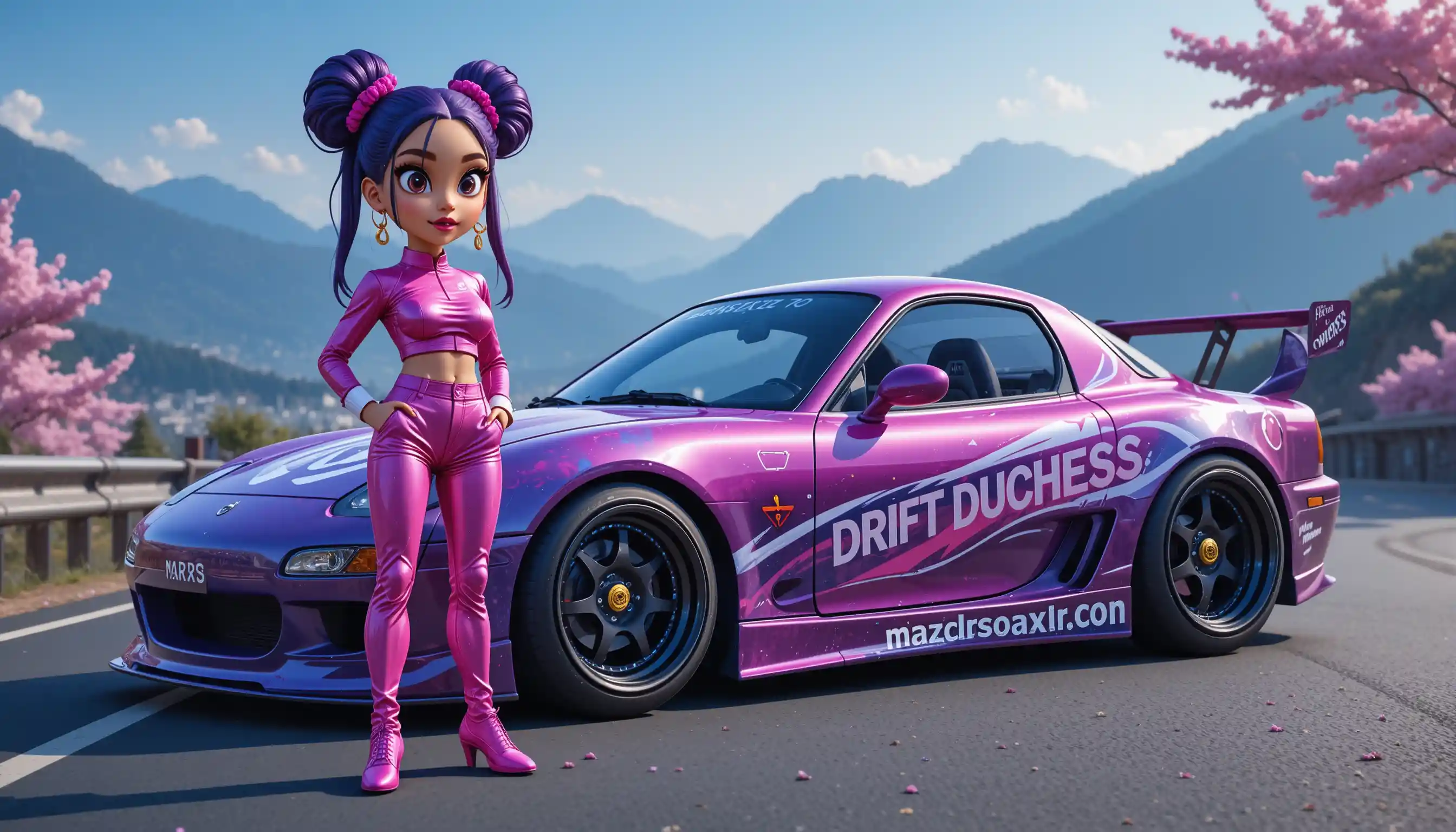 Gangster style woman beside custom Mazda on mountain pass