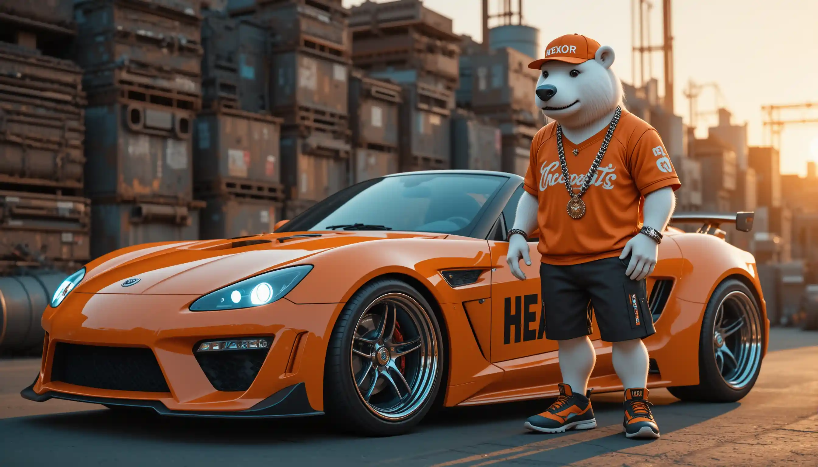 3D white bear rapper beside orange cyber roadster
