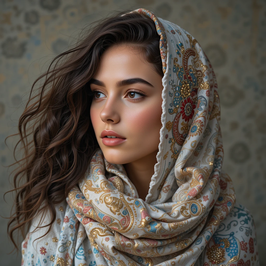 Beautiful woman in headscarf looking thoughtfully to the side