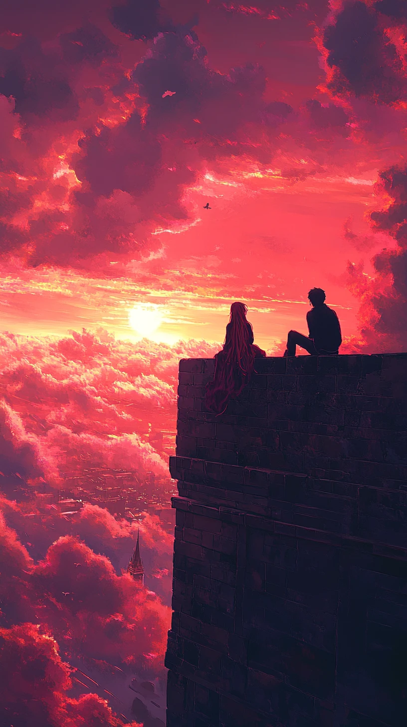 Anime couple on old brick castle at romantic sunset
