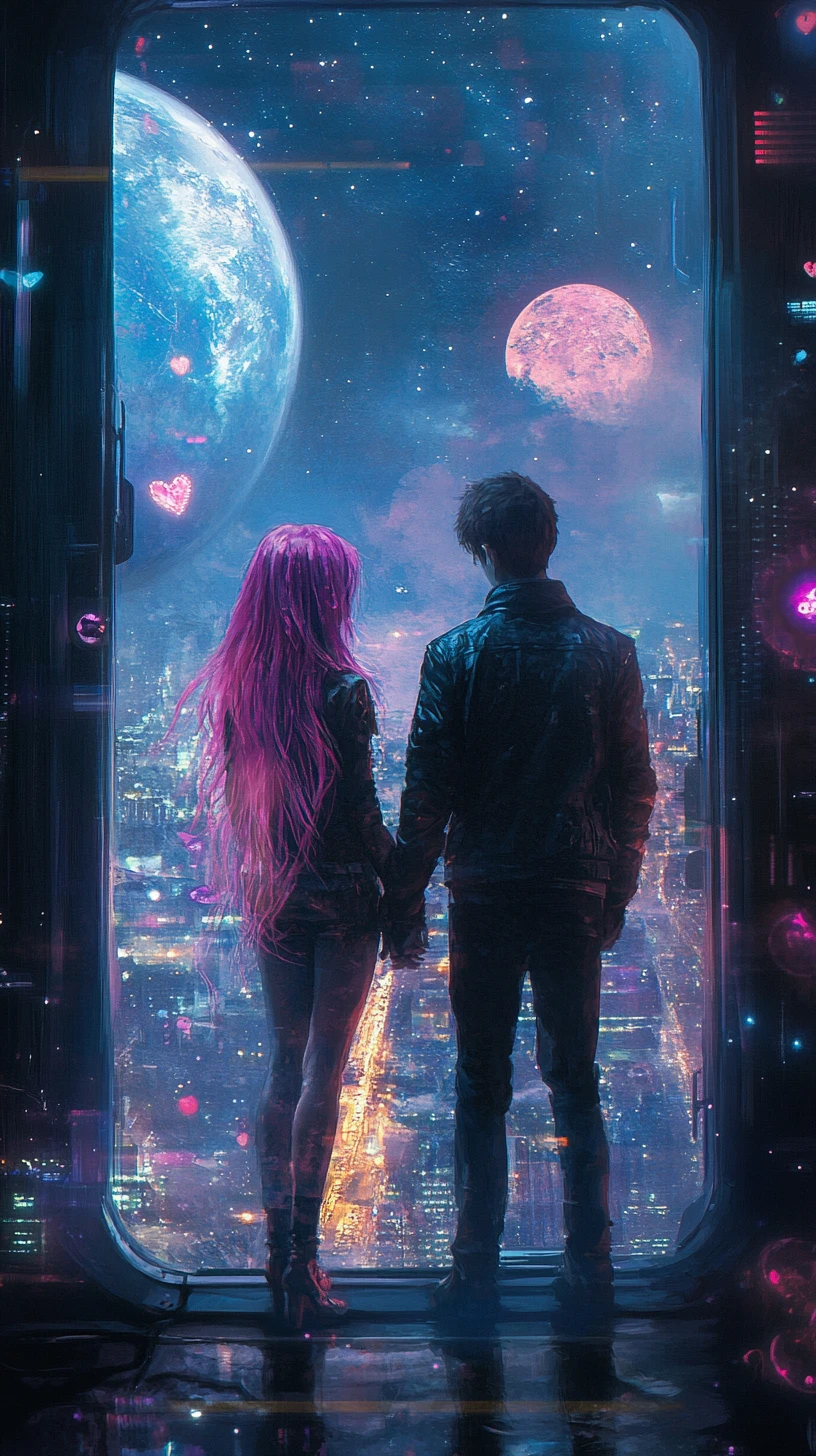Anime couple holding hands in a space station window