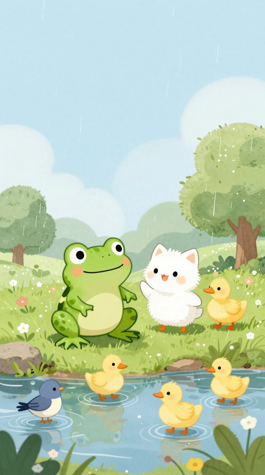 Cute forest animals playing by a gentle rainy stream
