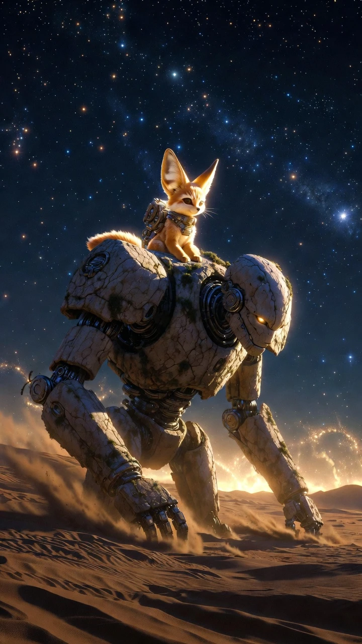 Tiny fox mecha on an ancient stone golem in desert night
