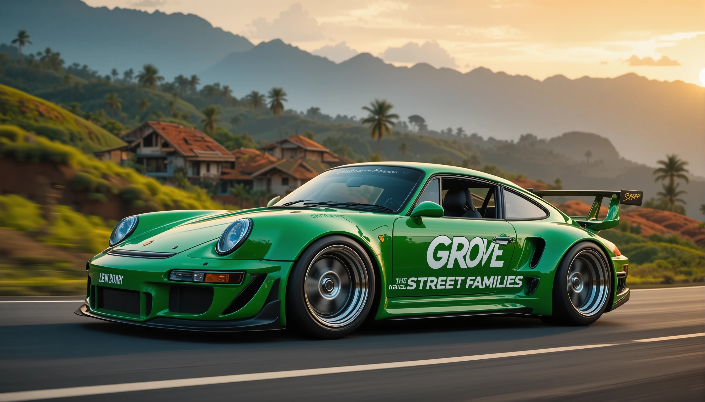 Green sports car with widebody kit in Bali rice terraces