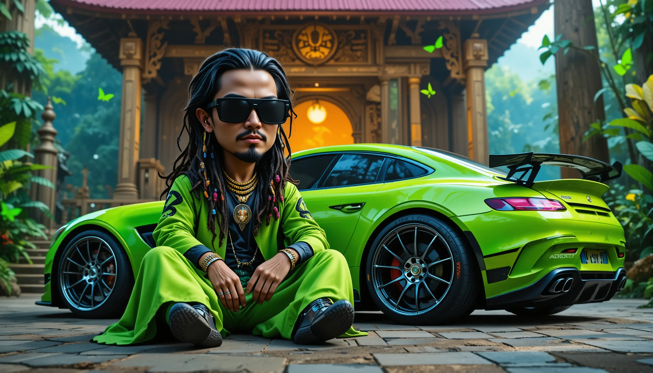 Gangster boss with lime green supercar in jungle temple