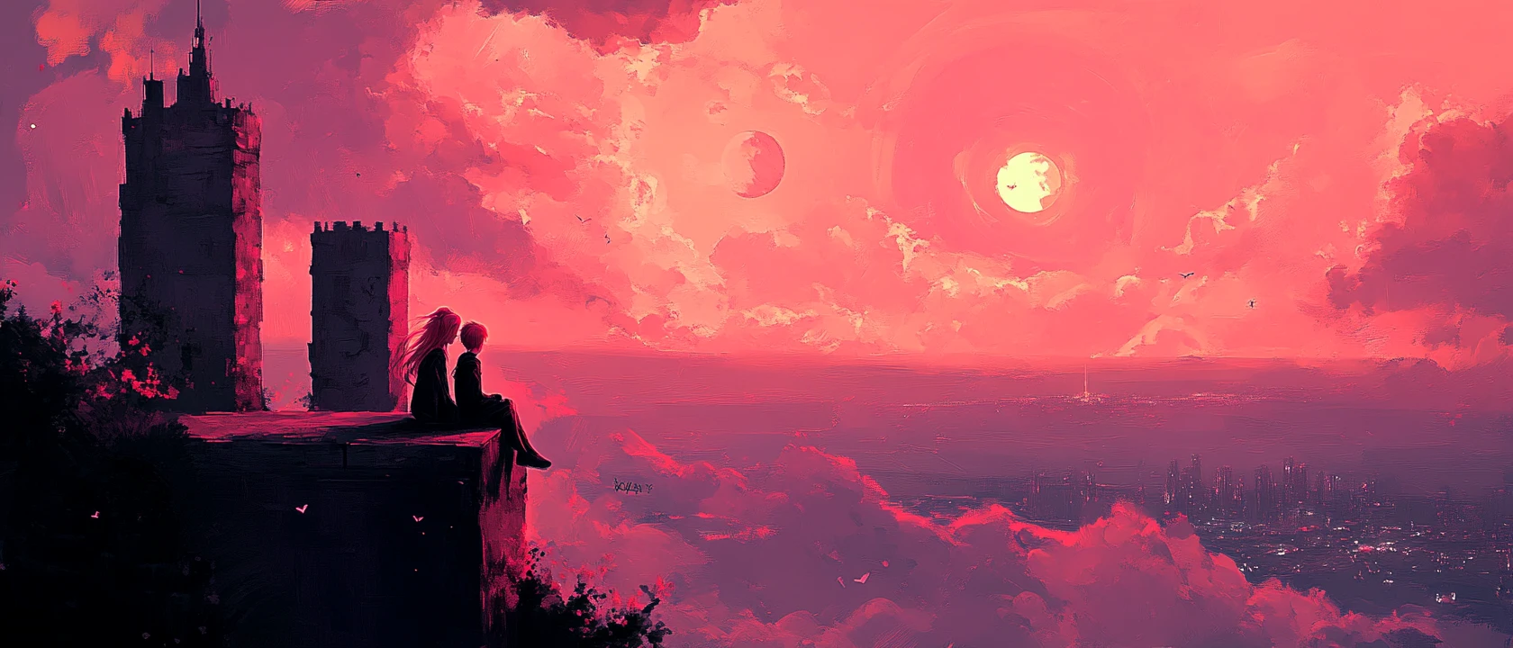 Casal de anime nos antigos muros de tijolos de um castelo ao pôr do sol