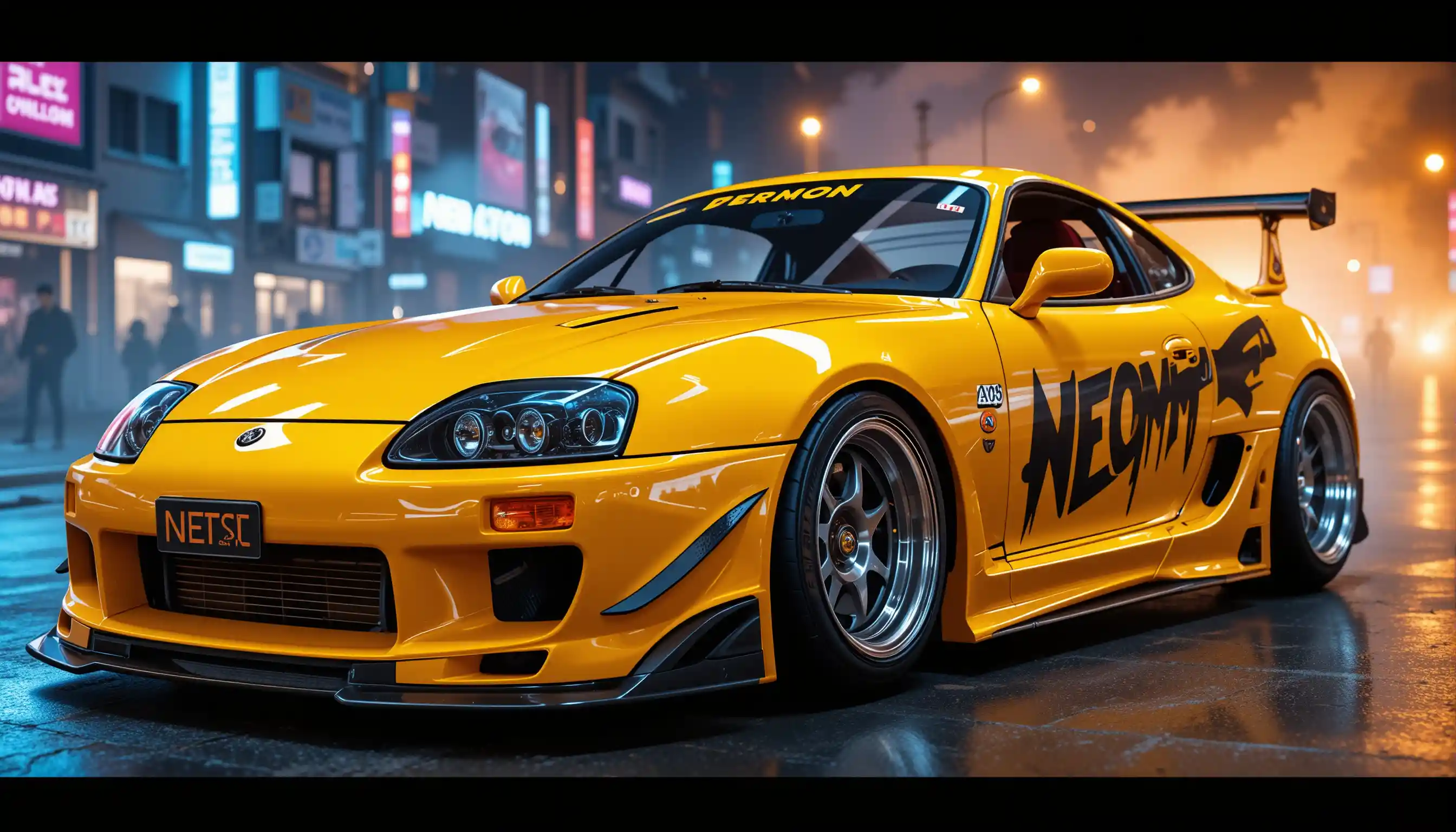 Primissimo piano di auto sportiva giapponese widebody in scena al neon