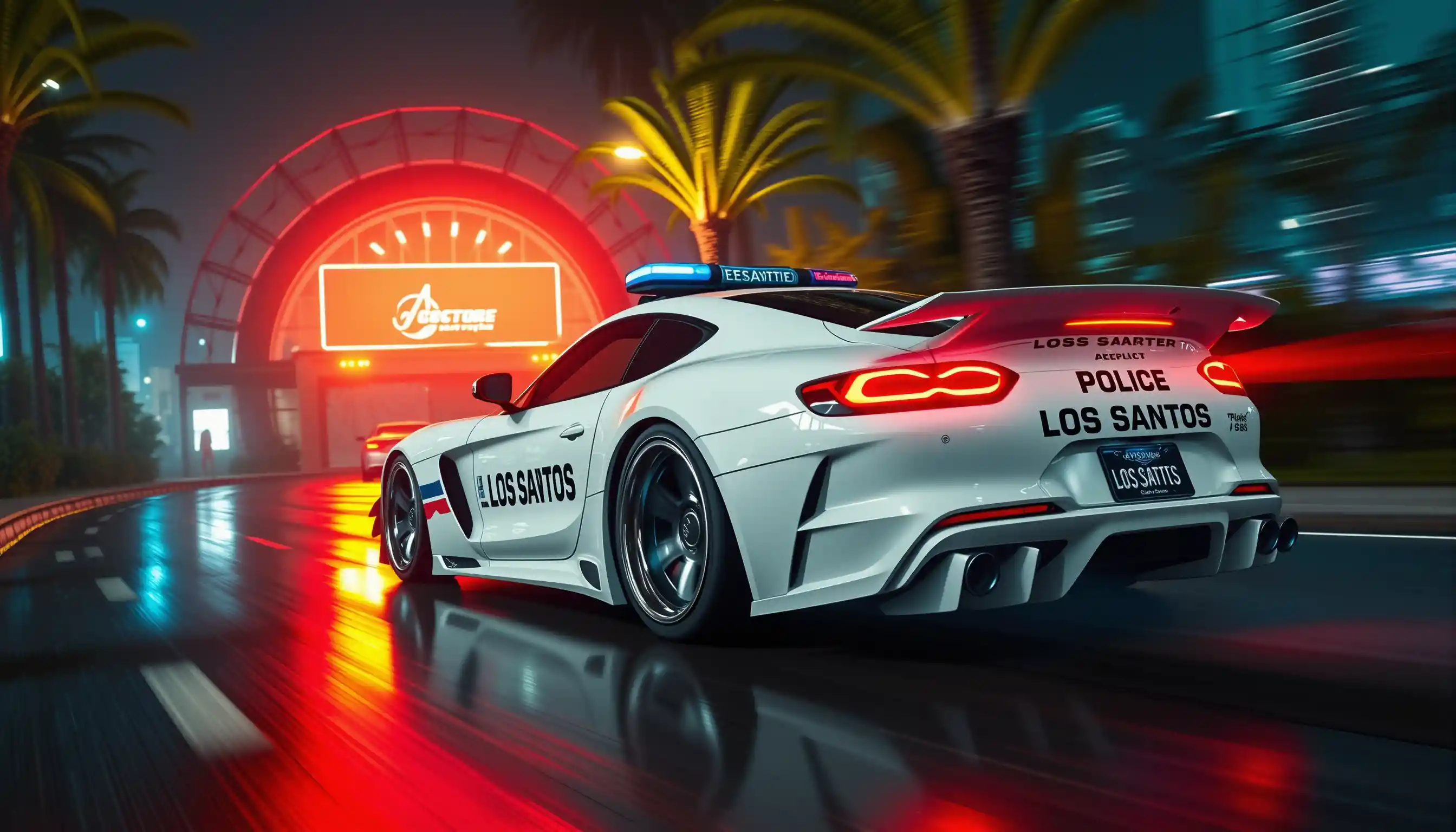 White police supercar racing on wet neon city street