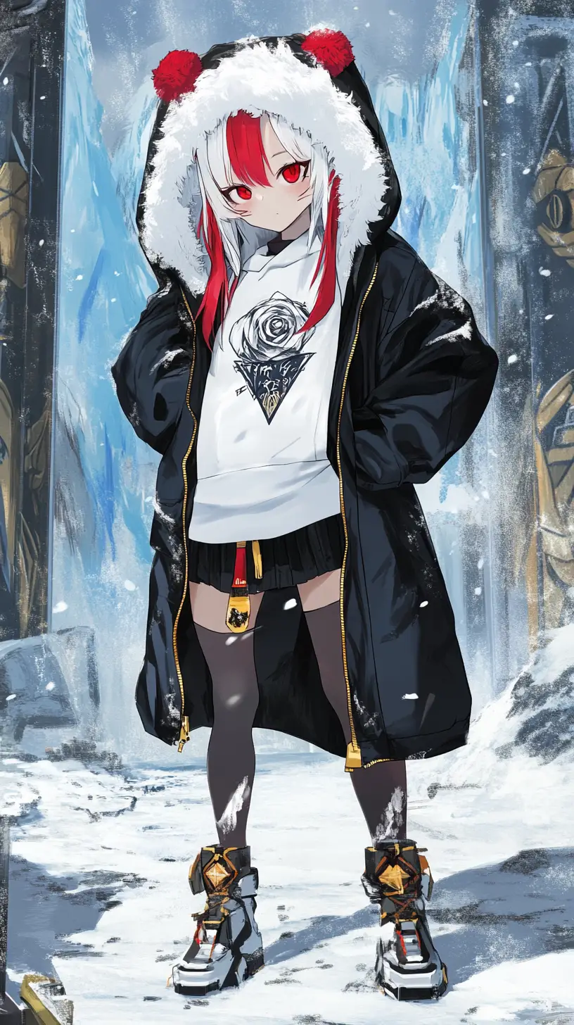 巨掌前方冰宮上的站立動漫少女