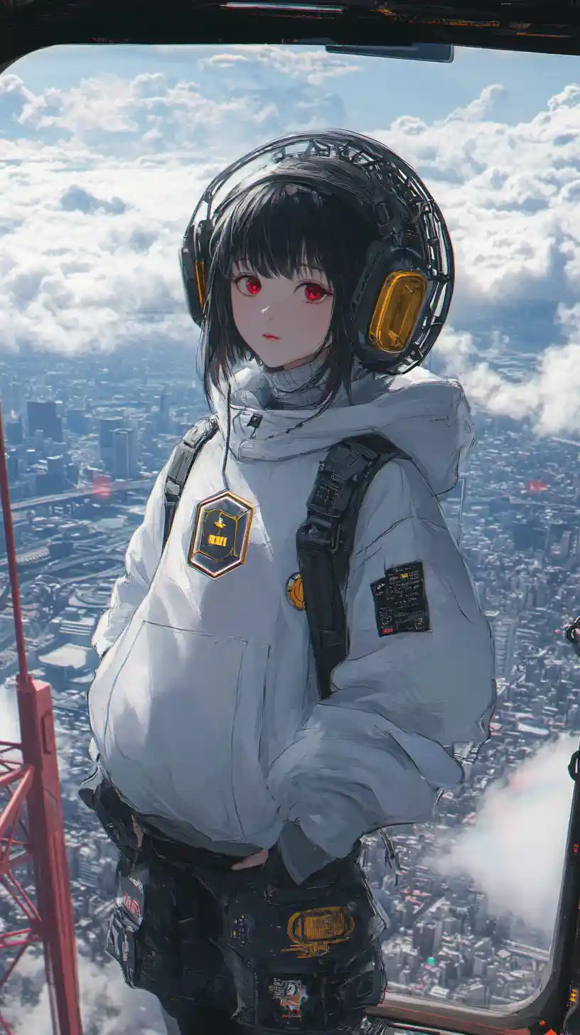Anime girl with futuristic sword on city rooftop