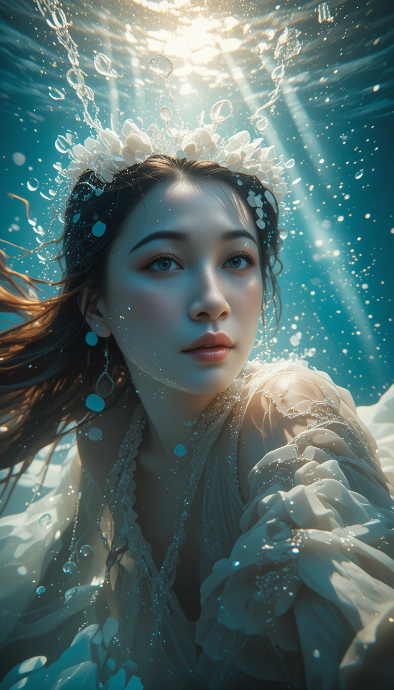 Elegant woman swimming underwater in shimmering sunbeams