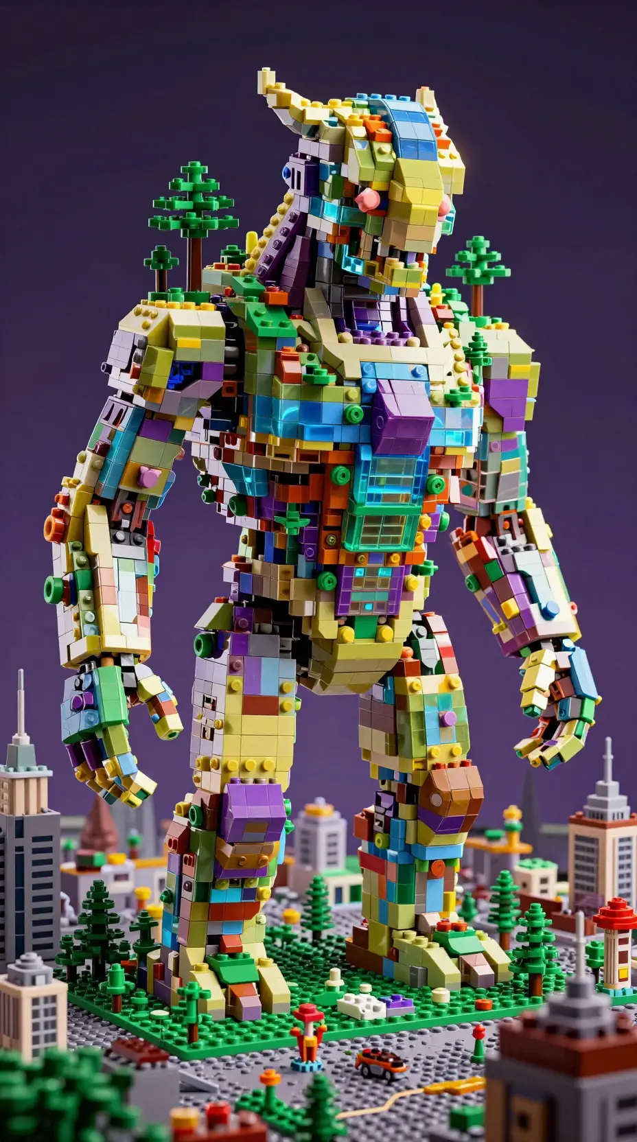 Golem místico de Lego pairando sobre uma pequena cidade de fantasia