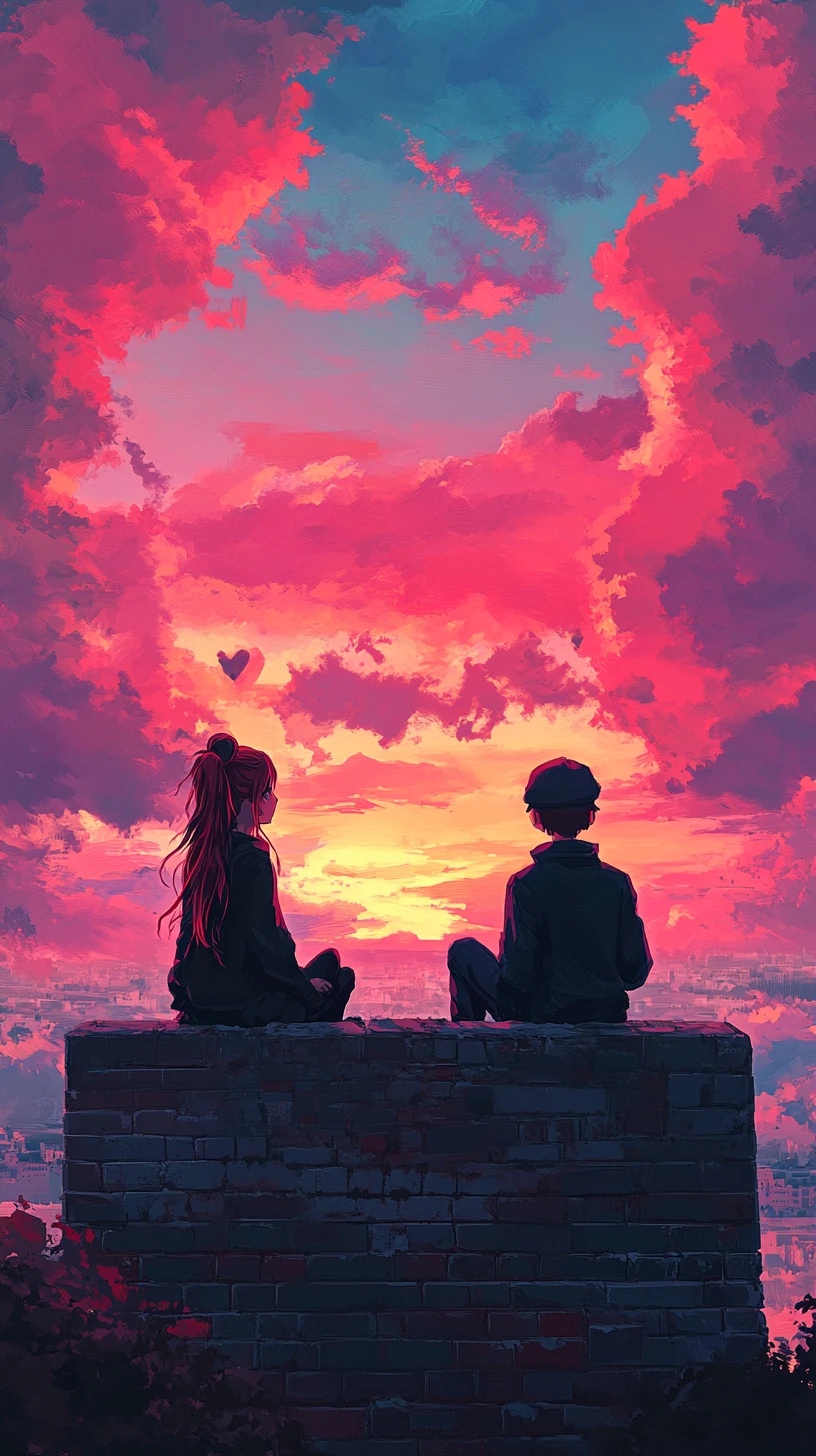Anime couple on castle walls at sunset with pink clouds