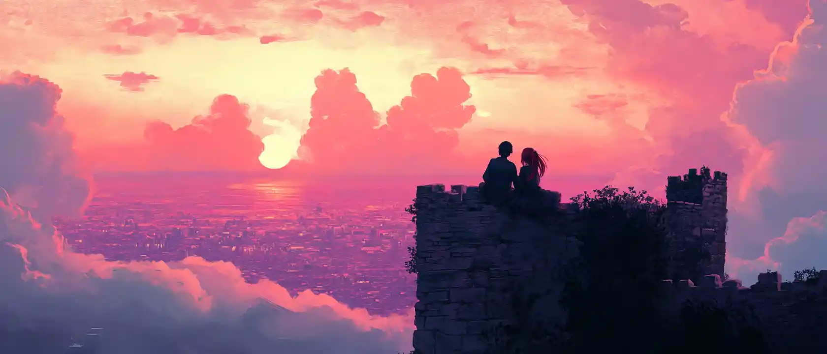 Anime couple on red brick castle walls at sunset