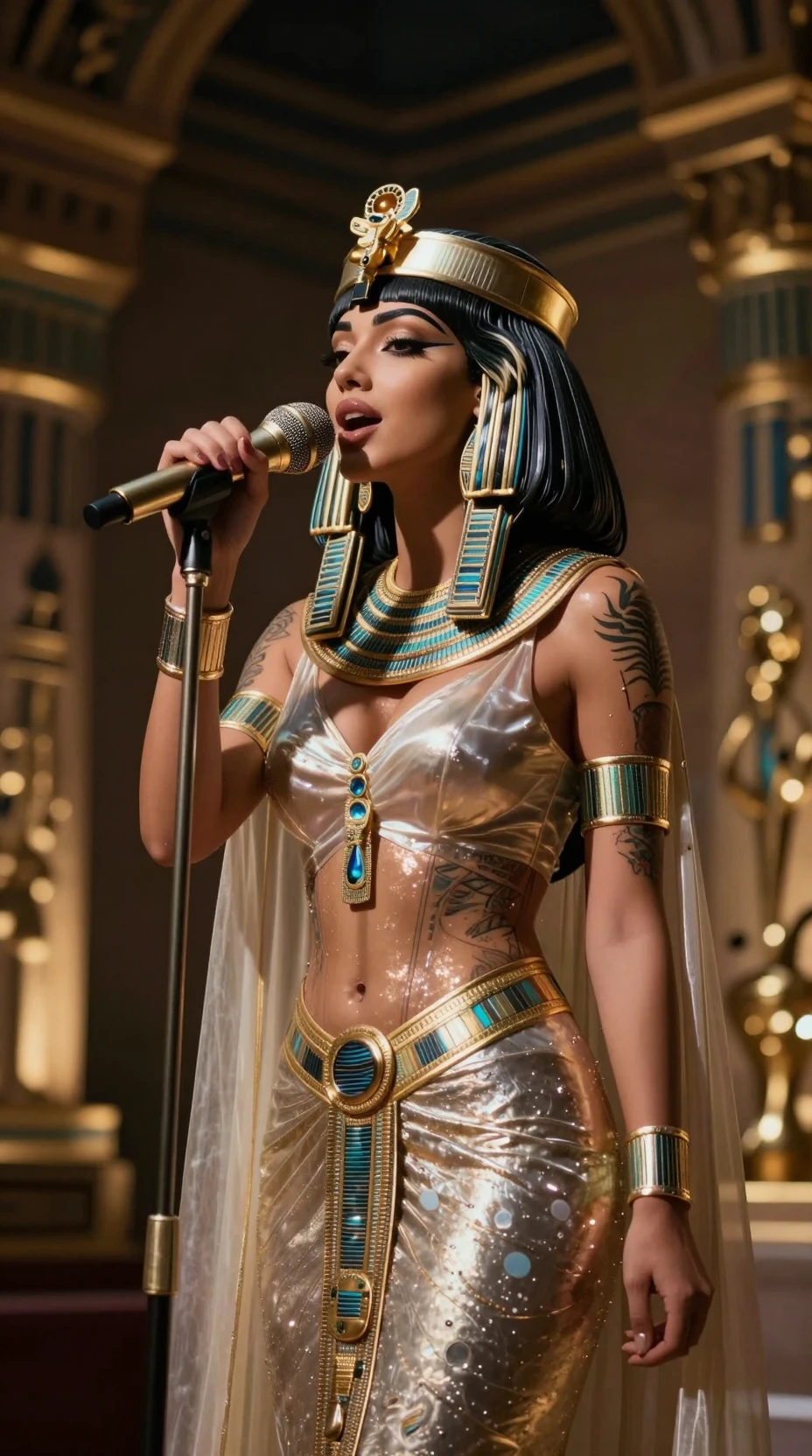 Tattooed Egyptian songstress singing in a shadowed palace