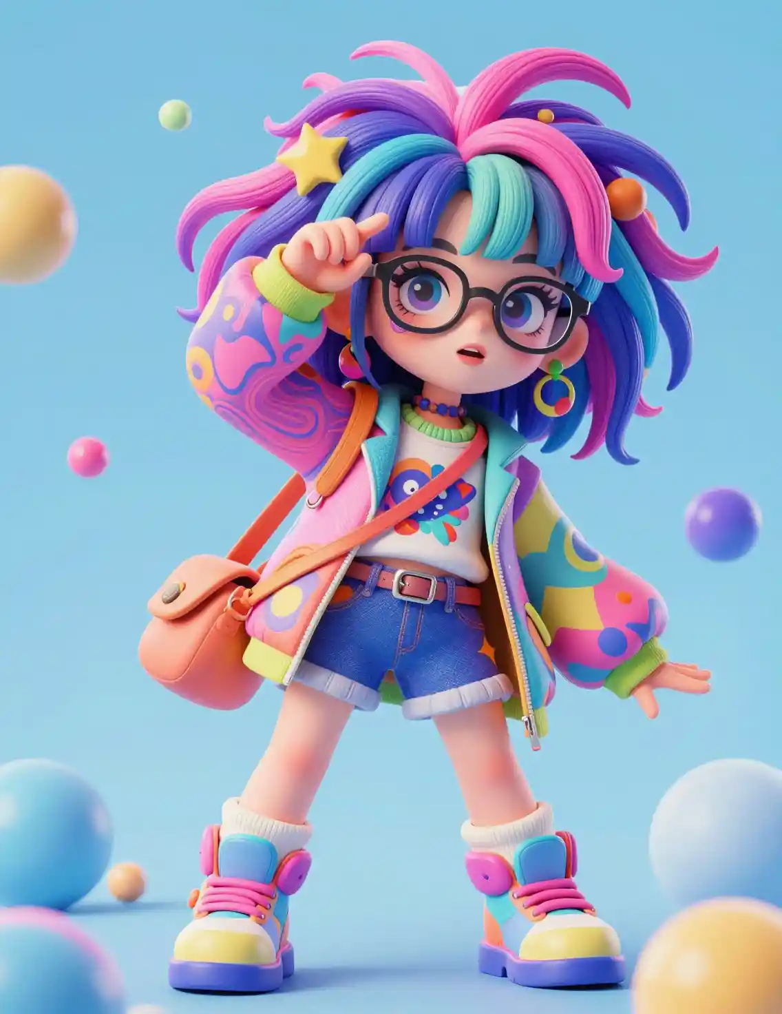 Whimsical young woman in vibrant psychedelic inspired fashion