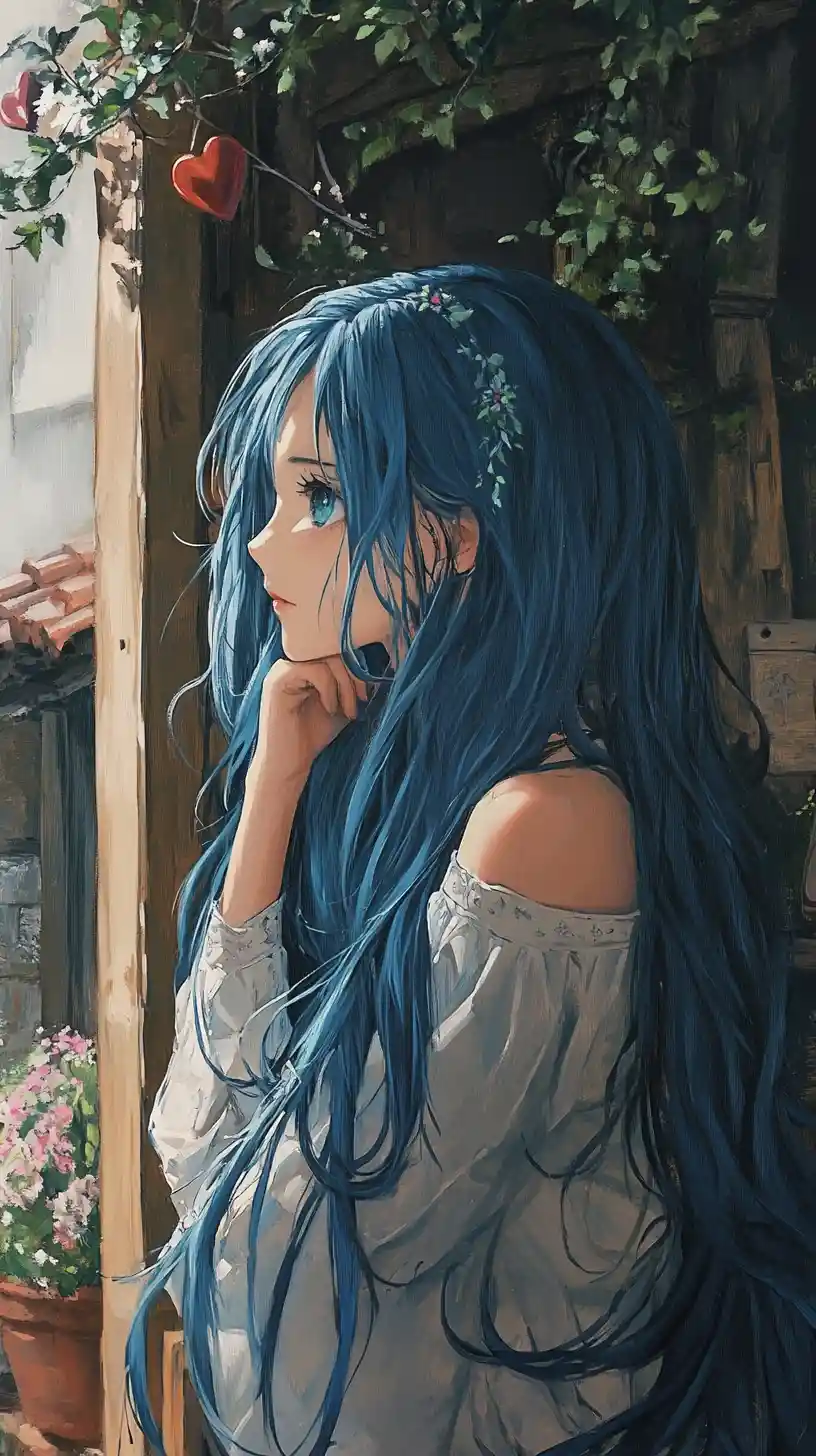 Anime girl in a romantic village morning scene painting