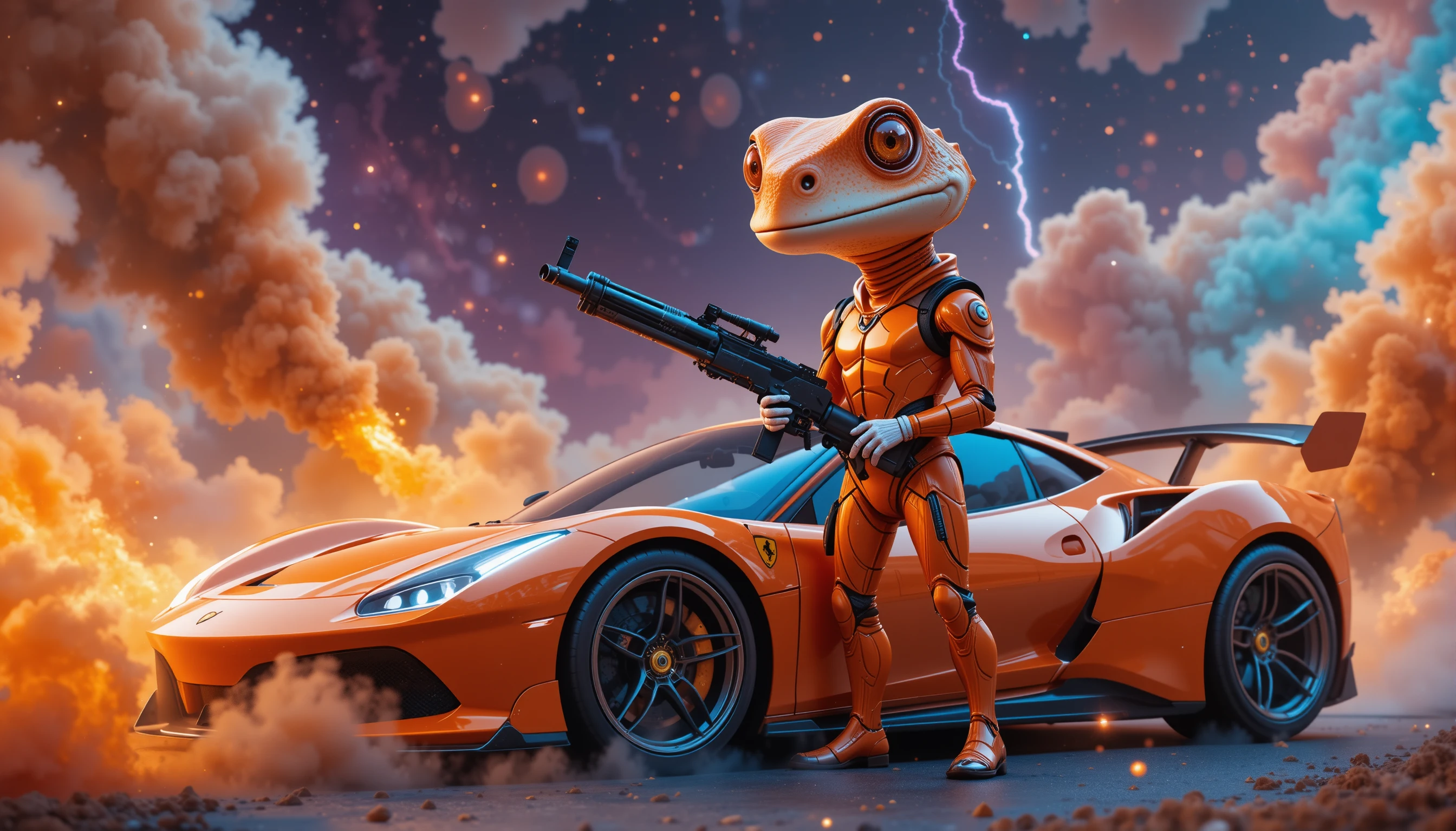 Armored Gecko Warrior Beside Futuristic Supercar