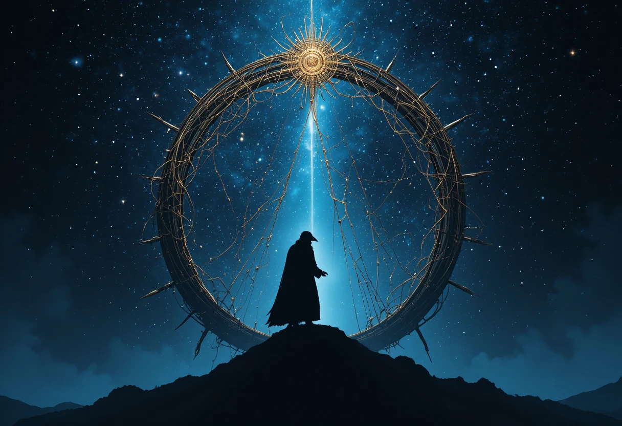 Raven guarding a glowing spiral gate in cosmic darkness