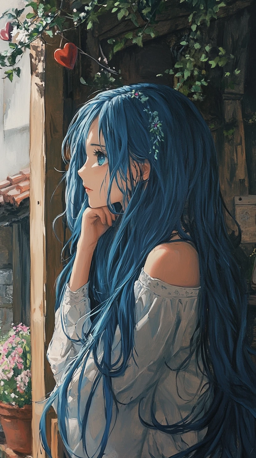 Anime girl in a romantic village morning scene painting