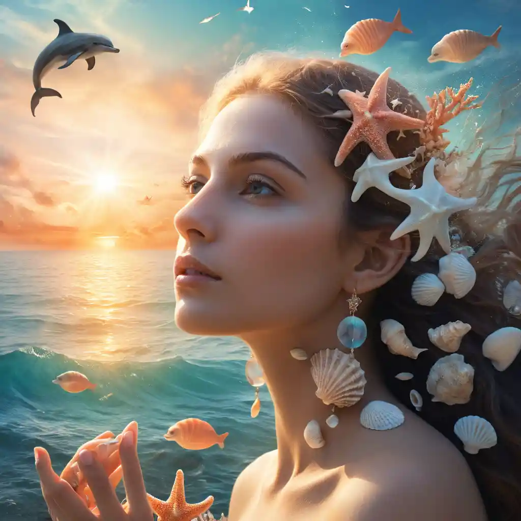 Retrato de mulher mesclado com oceano tranquilo ao pôr do sol